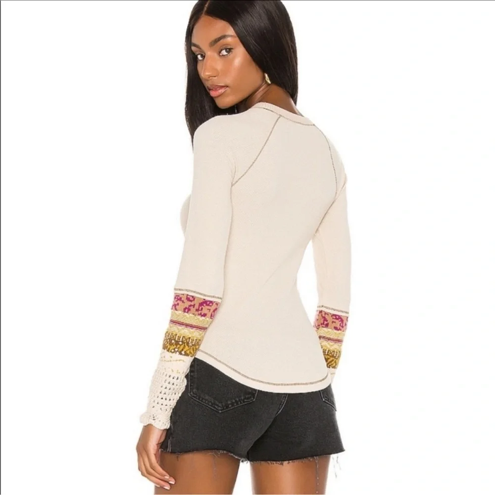 Free People Size Small Boho Thermal Top Crochet Cuff Patchwork Sleeve Cream